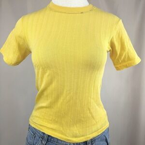 Vintage 70s JCPENNY Single Stitch T-Shirt (S) Yellow Ribbed Stretch Baby Twee